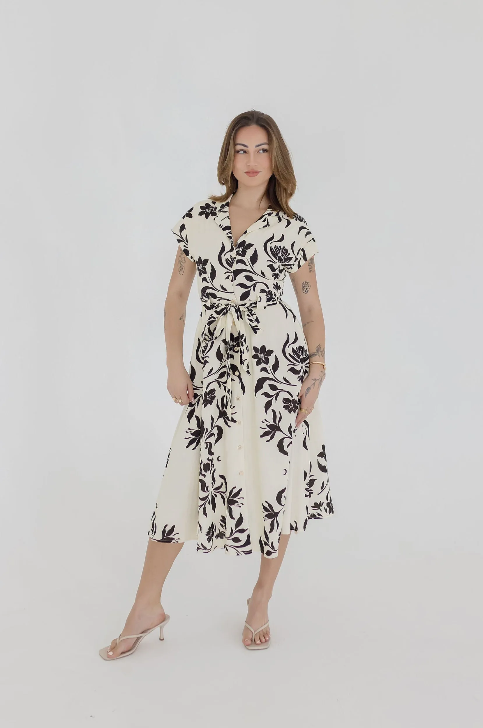 Renata Short Sleeve Button Down Waist Tie Floral Print Midi Dress White