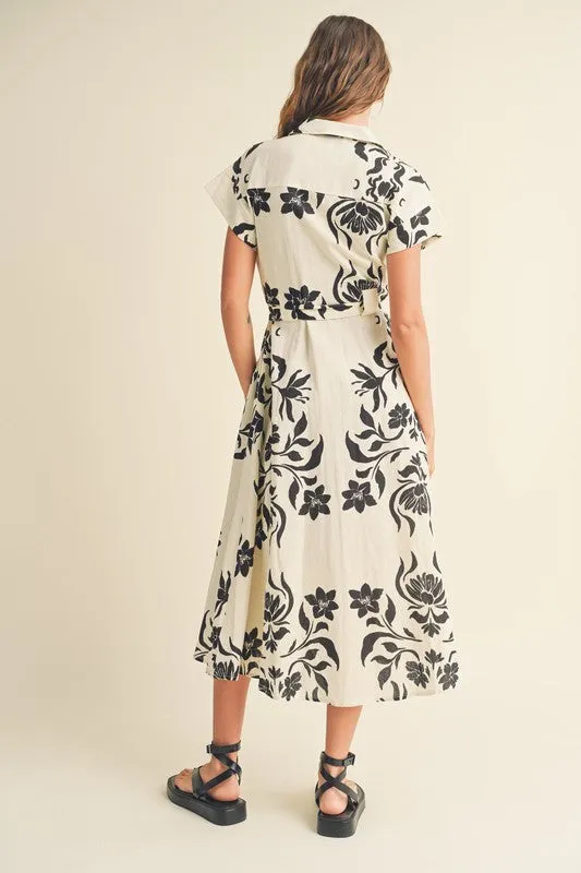 Renata Short Sleeve Button Down Waist Tie Floral Print Midi Dress White