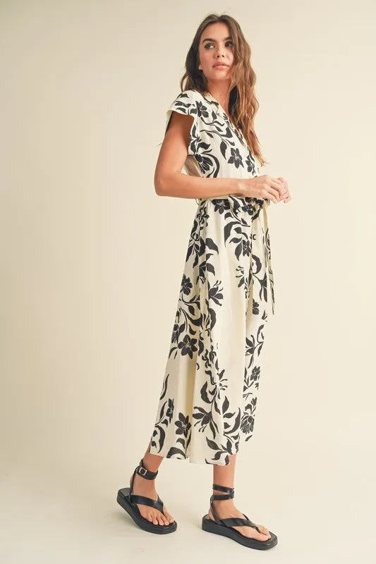 Renata Short Sleeve Button Down Waist Tie Floral Print Midi Dress White