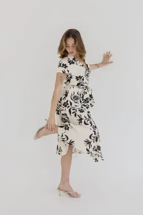 Renata Short Sleeve Button Down Waist Tie Floral Print Midi Dress White