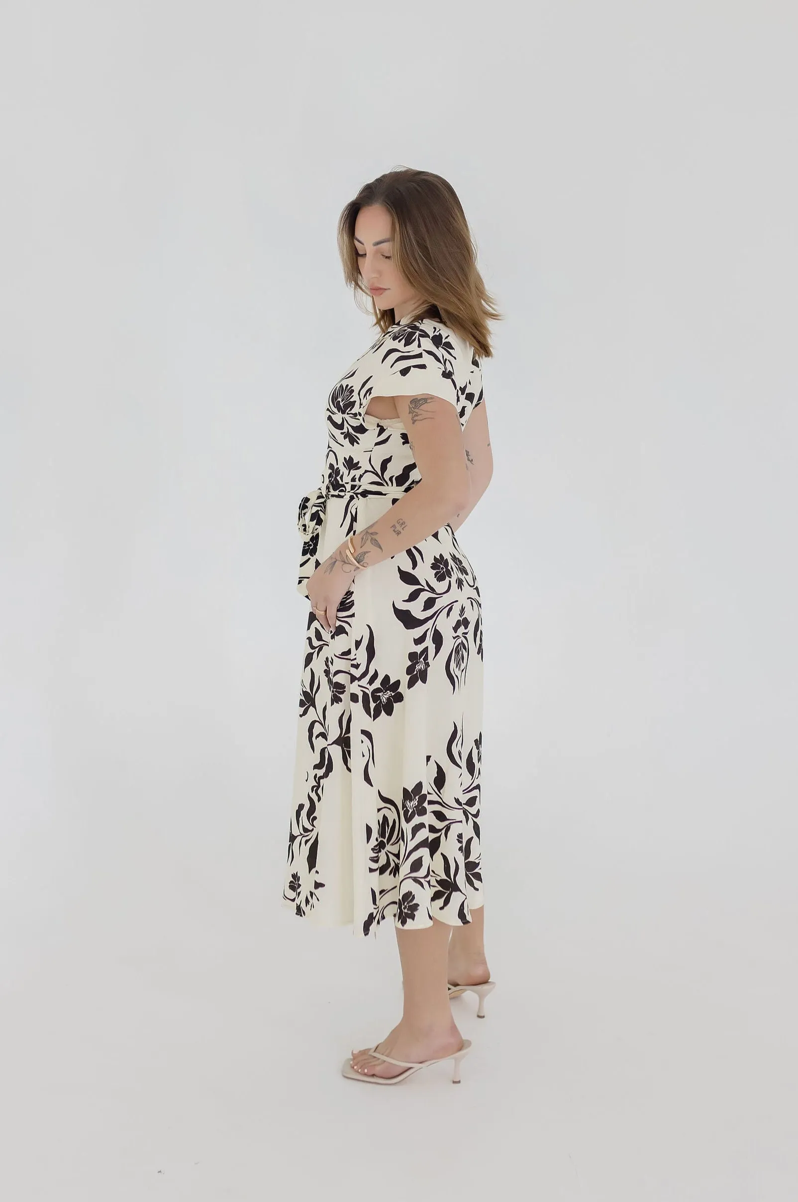 Renata Short Sleeve Button Down Waist Tie Floral Print Midi Dress White