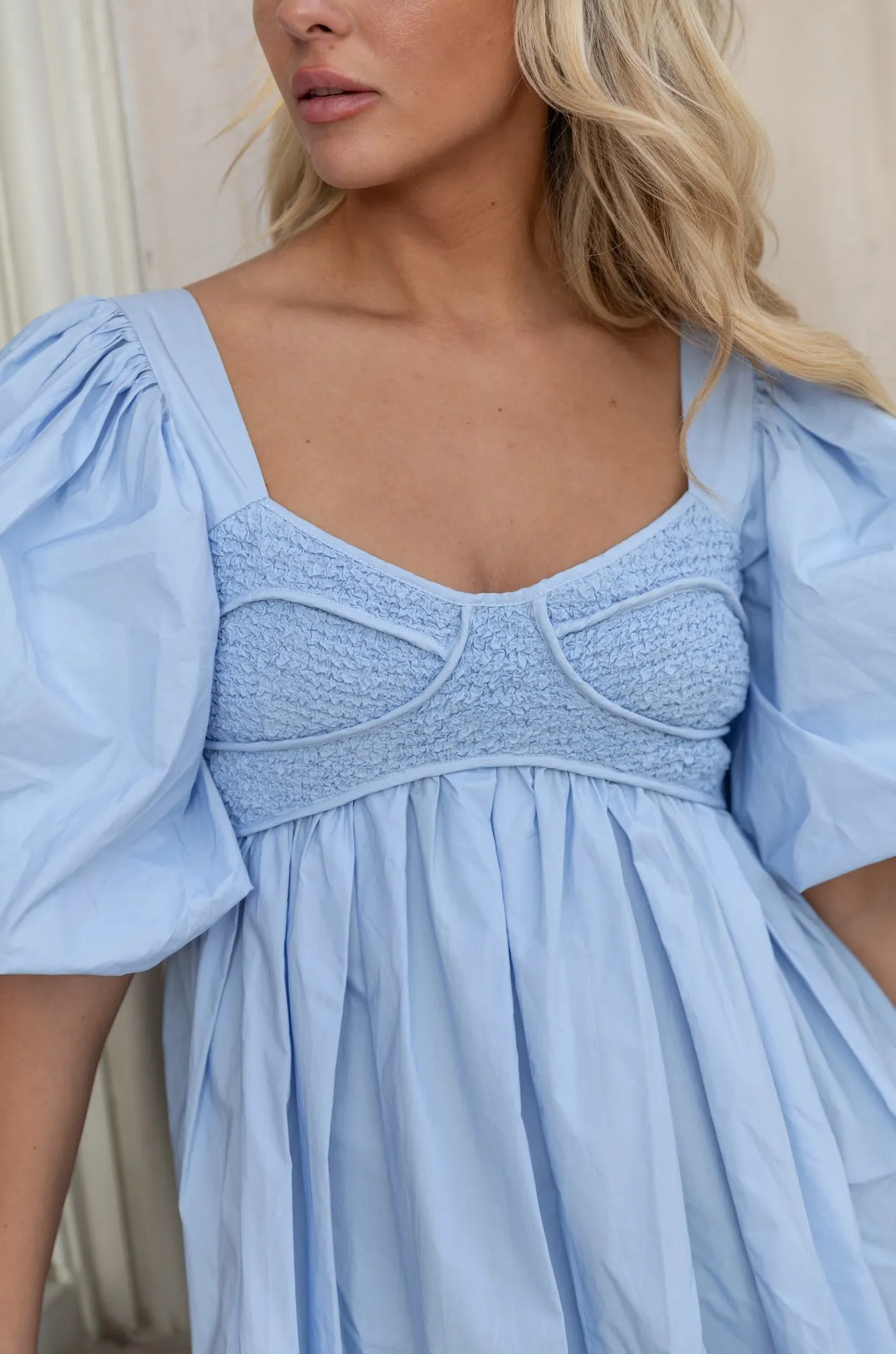 Sky Blue Puff Sleeve Poplin Midi Dress