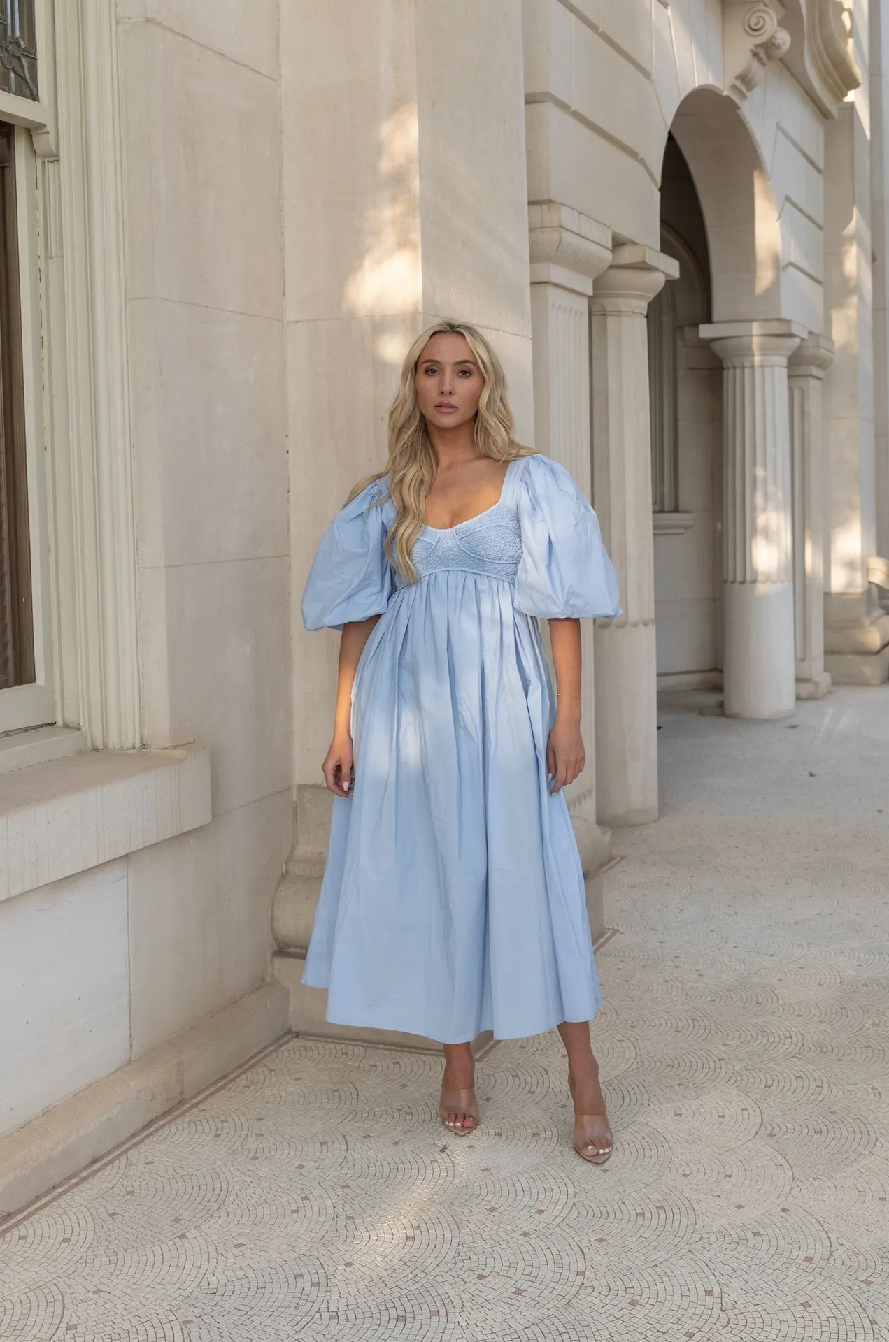Sky Blue Puff Sleeve Poplin Midi Dress