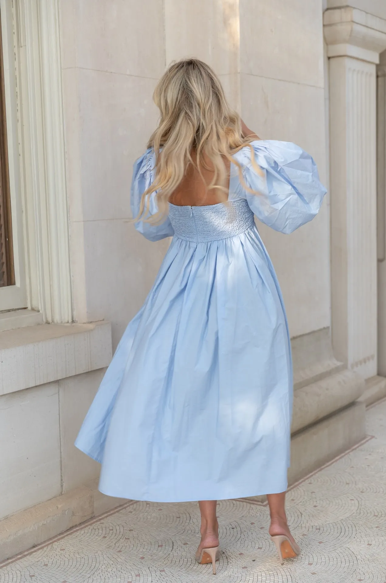 Sky Blue Puff Sleeve Poplin Midi Dress