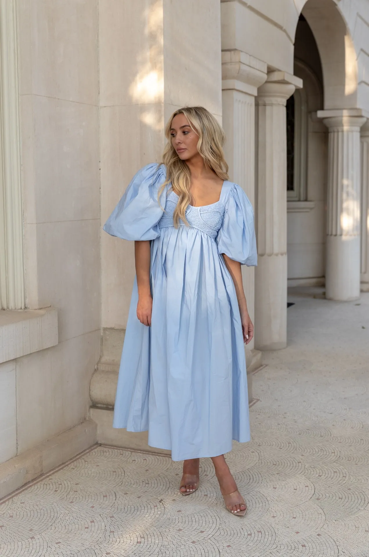 Sky Blue Puff Sleeve Poplin Midi Dress