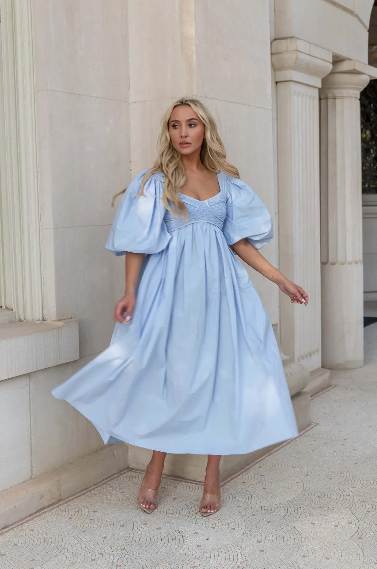 Sky Blue Puff Sleeve Poplin Midi Dress