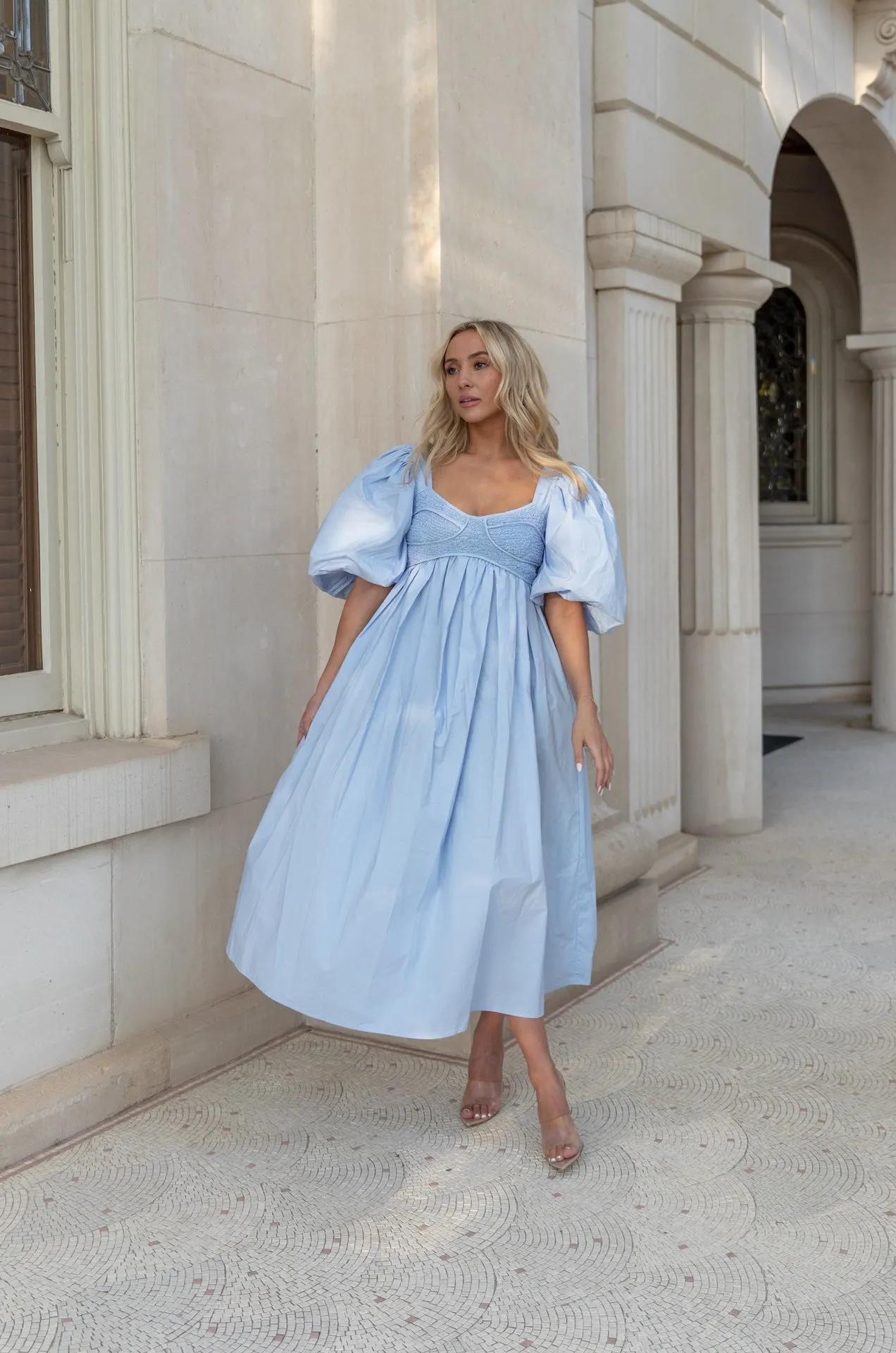 Sky Blue Puff Sleeve Poplin Midi Dress