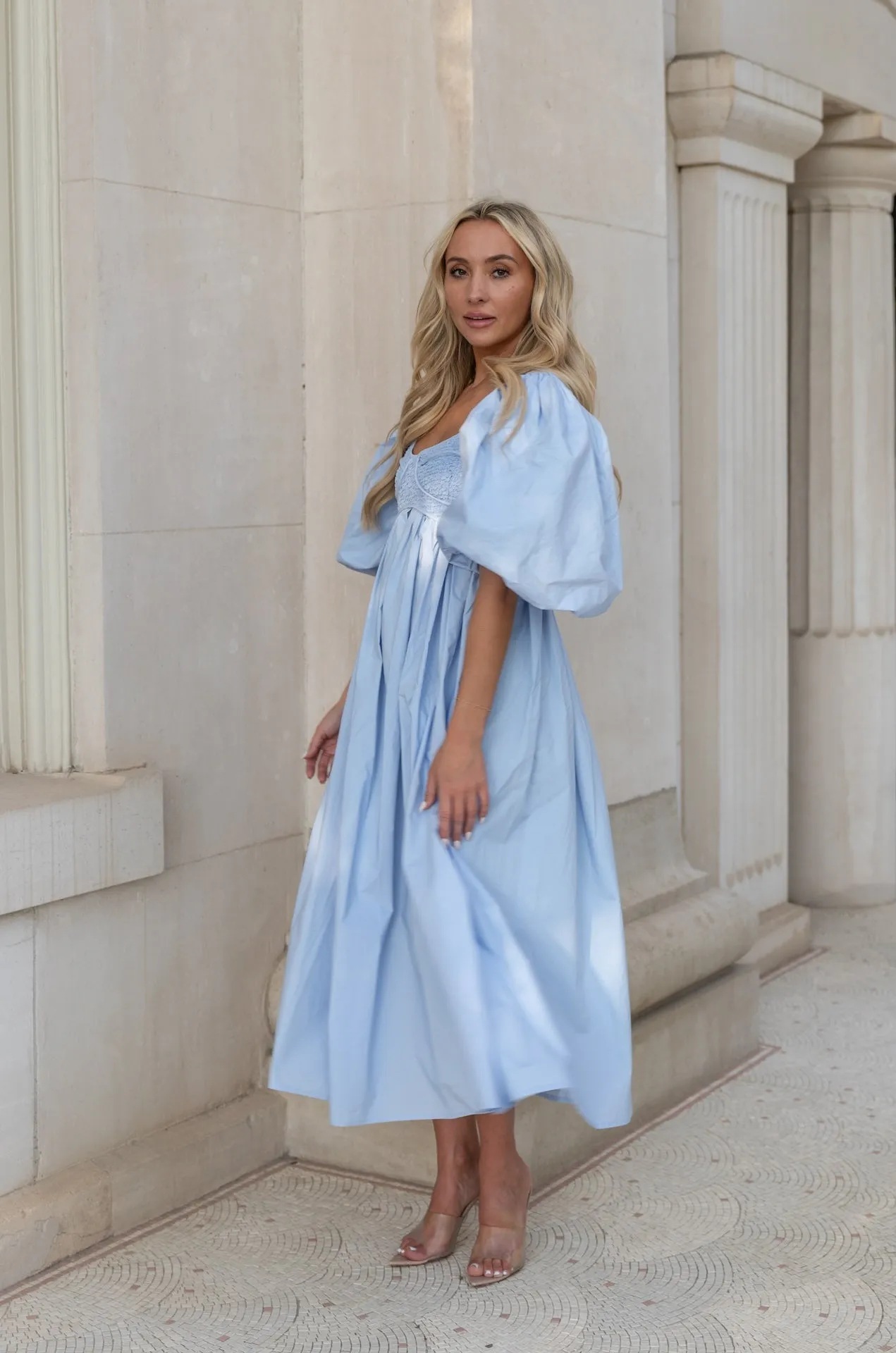 Sky Blue Puff Sleeve Poplin Midi Dress
