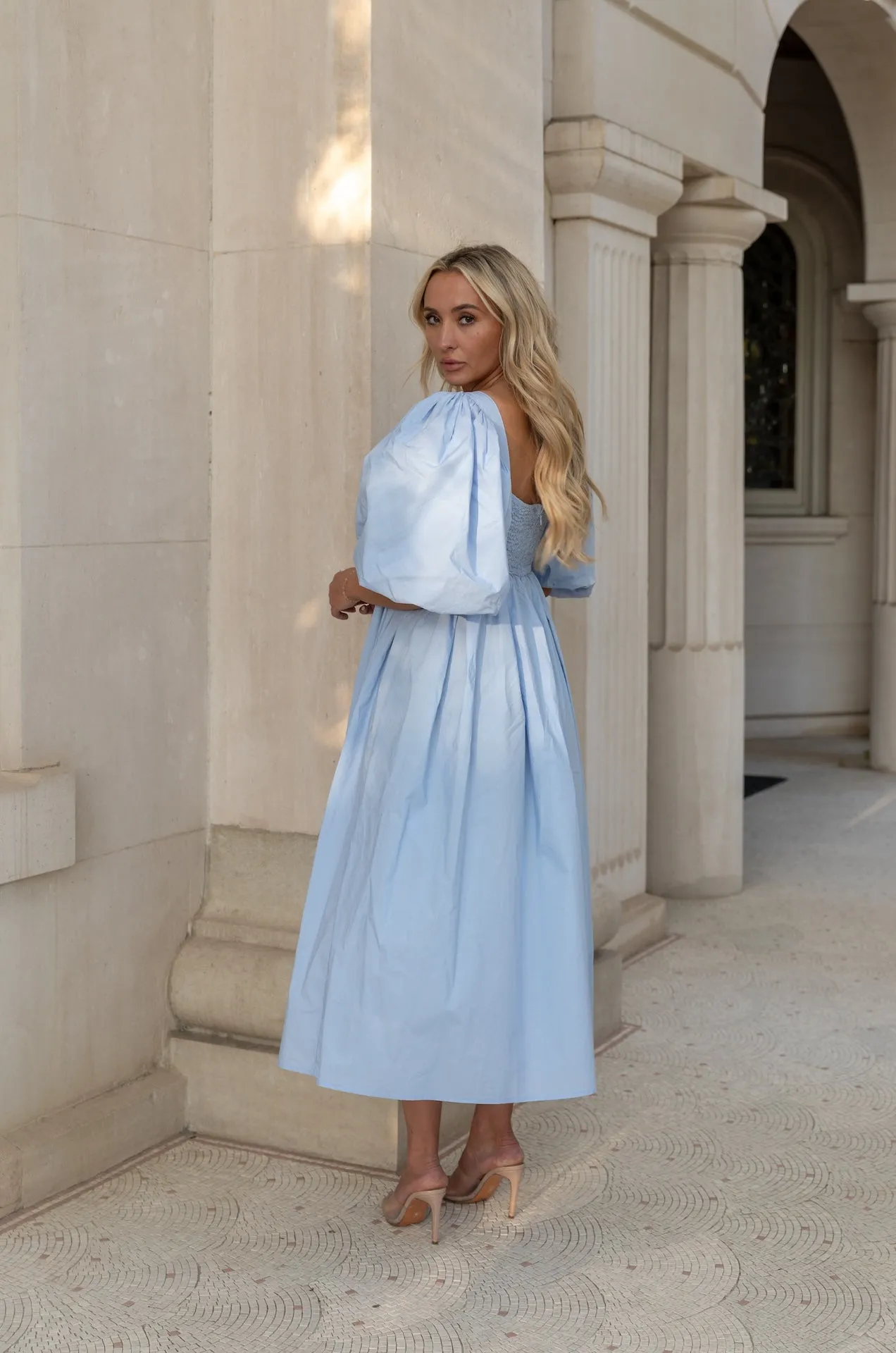 Sky Blue Puff Sleeve Poplin Midi Dress