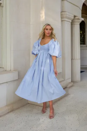 Sky Blue Puff Sleeve Poplin Midi Dress
