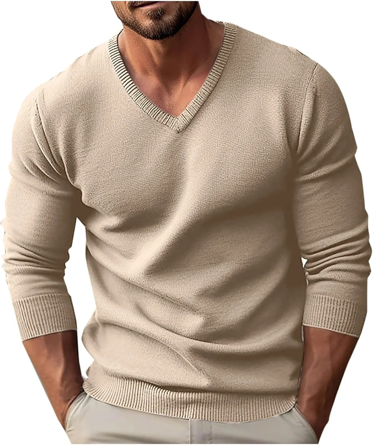 Soft Cozy Sweaters for Men V Neck Long Sleeve Pullover Sweater Slim Fit Dress Sweater Lightweight Knitted Sweaters