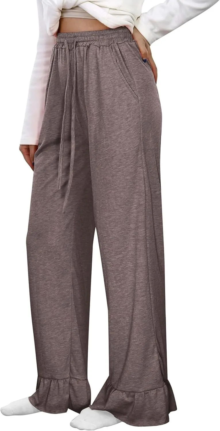 Straight Leg Pants Women Casual Mid Waist Outfits Trousers with Pockets Casual Elastic Drawstring Wide Leg Pants