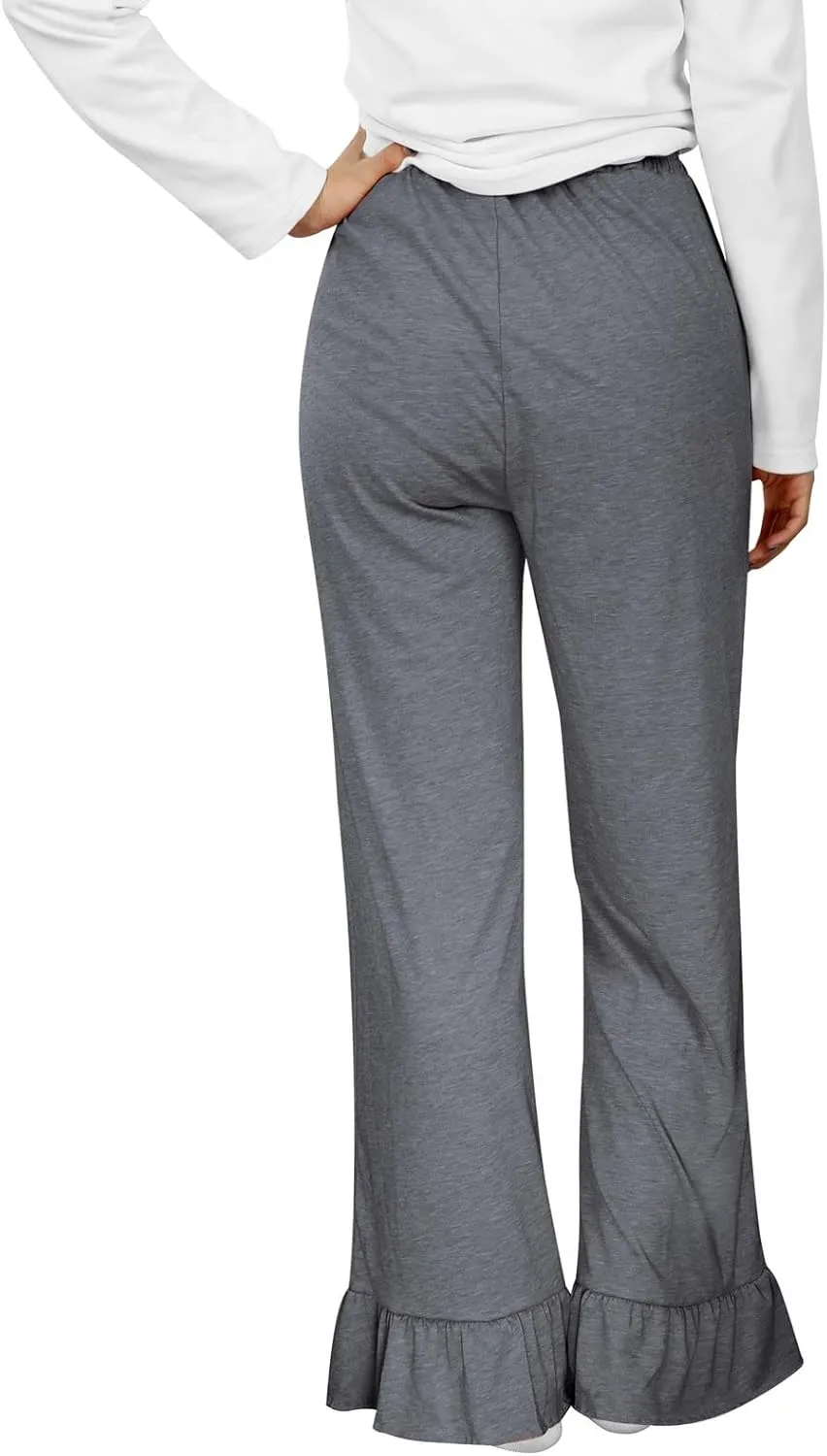 Straight Leg Pants Women Casual Mid Waist Outfits Trousers with Pockets Casual Elastic Drawstring Wide Leg Pants
