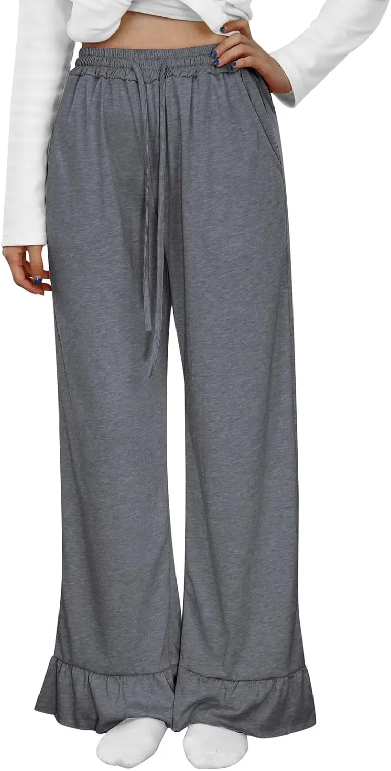 Straight Leg Pants Women Casual Mid Waist Outfits Trousers with Pockets Casual Elastic Drawstring Wide Leg Pants