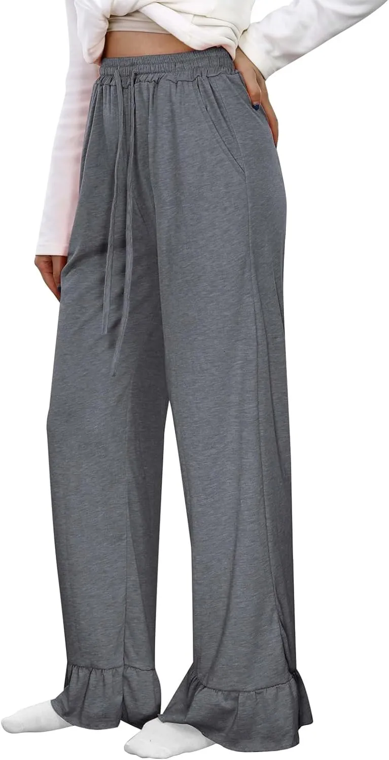 Straight Leg Pants Women Casual Mid Waist Outfits Trousers with Pockets Casual Elastic Drawstring Wide Leg Pants