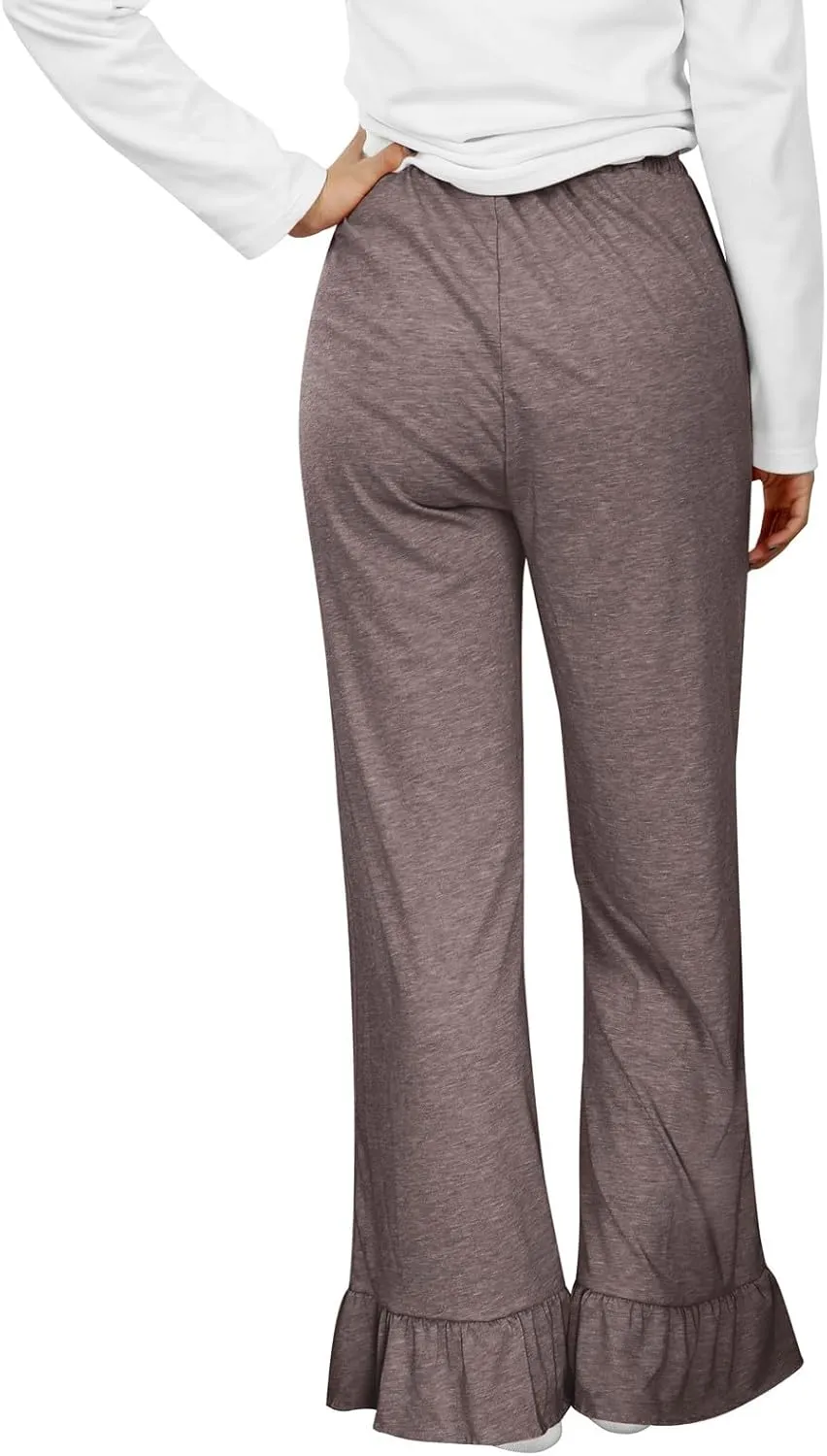 Straight Leg Pants Women Casual Mid Waist Outfits Trousers with Pockets Casual Elastic Drawstring Wide Leg Pants