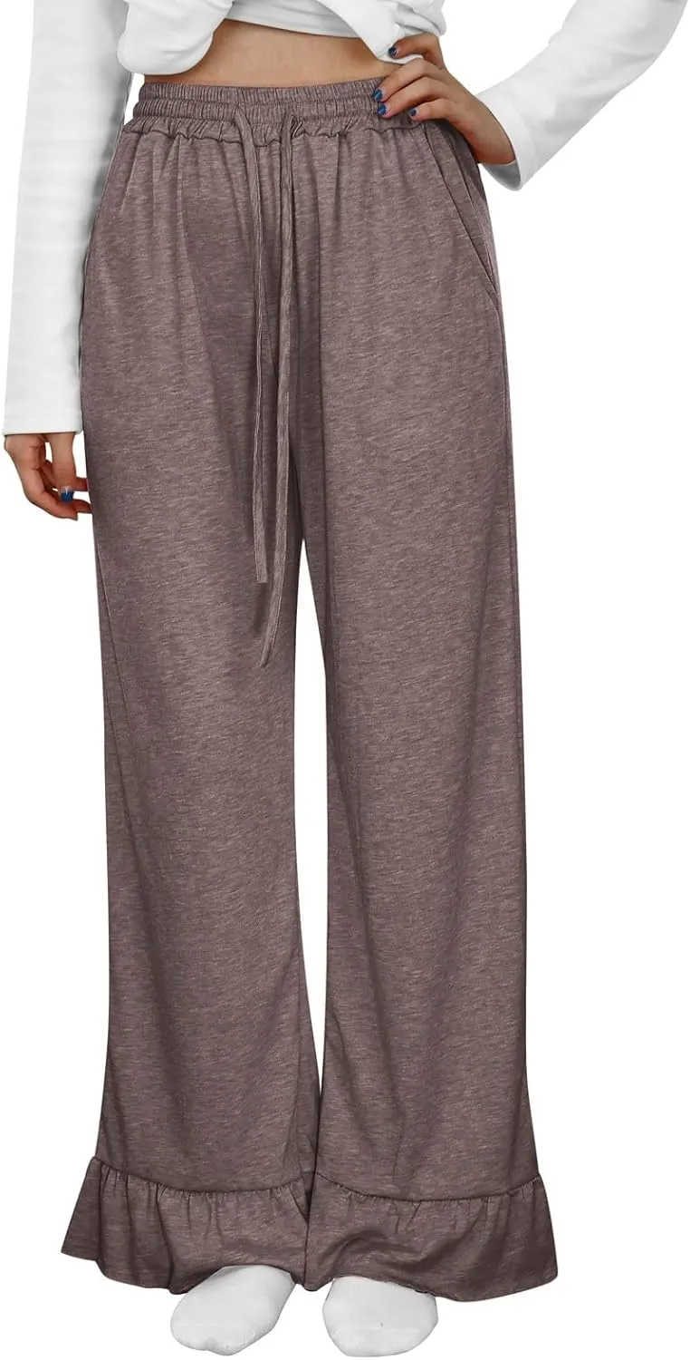 Straight Leg Pants Women Casual Mid Waist Outfits Trousers with Pockets Casual Elastic Drawstring Wide Leg Pants