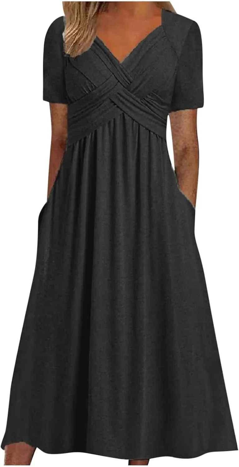 Summer Dress for Women V Neck Criss Cross A-Line Dress Short Sleeve Solid Midi Dress Pleated Wrap Dress with Pocket