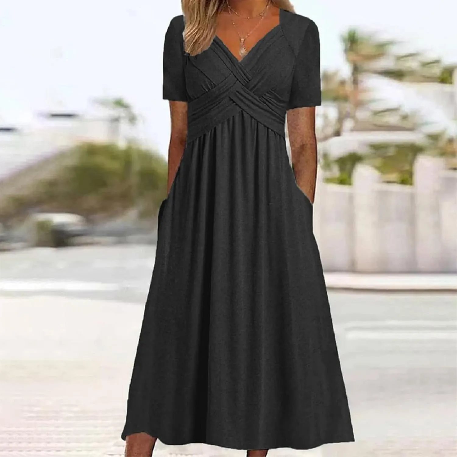 Summer Dress for Women V Neck Criss Cross A-Line Dress Short Sleeve Solid Midi Dress Pleated Wrap Dress with Pocket