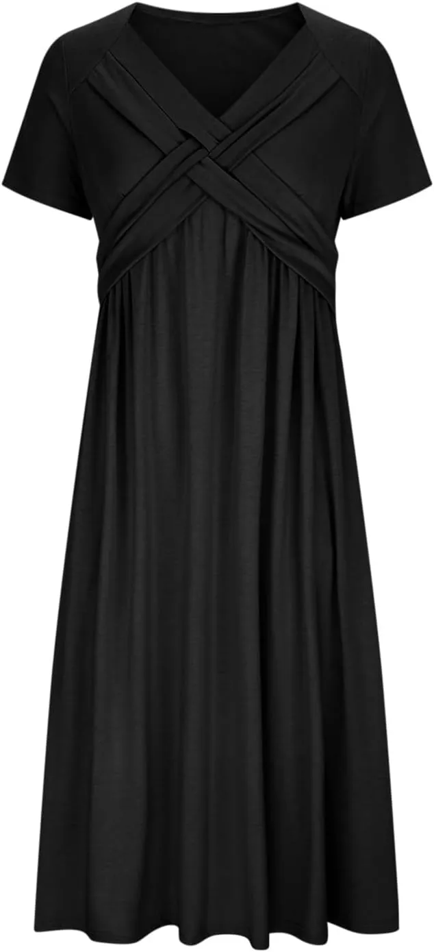 Summer Dress for Women V Neck Criss Cross A-Line Dress Short Sleeve Solid Midi Dress Pleated Wrap Dress with Pocket