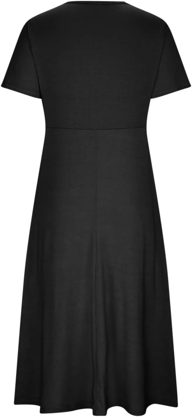 Summer Dress for Women V Neck Criss Cross A-Line Dress Short Sleeve Solid Midi Dress Pleated Wrap Dress with Pocket