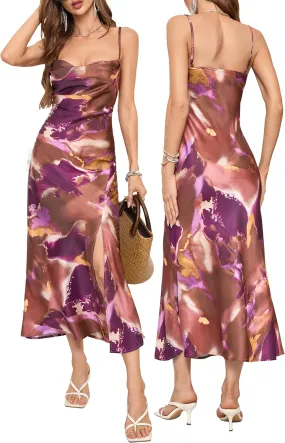 Tsher Women's Sleeveless Spaghetti Strap Satin Wedding Guest Party Dress Cowl Neck Backless Midi Formal Dresses