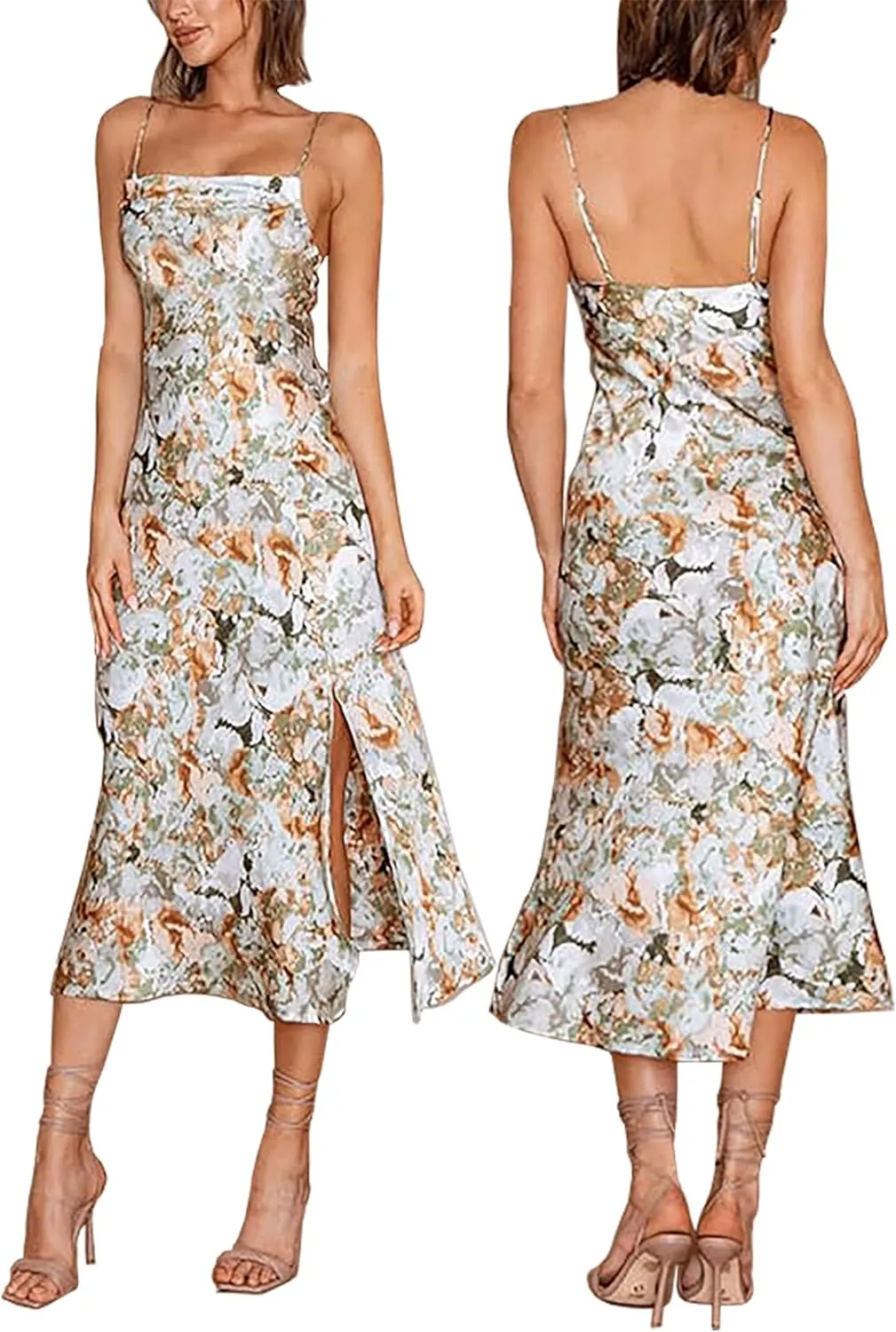 Tsher Women's Sleeveless Spaghetti Strap Satin Wedding Guest Party Dress Cowl Neck Backless Midi Formal Dresses