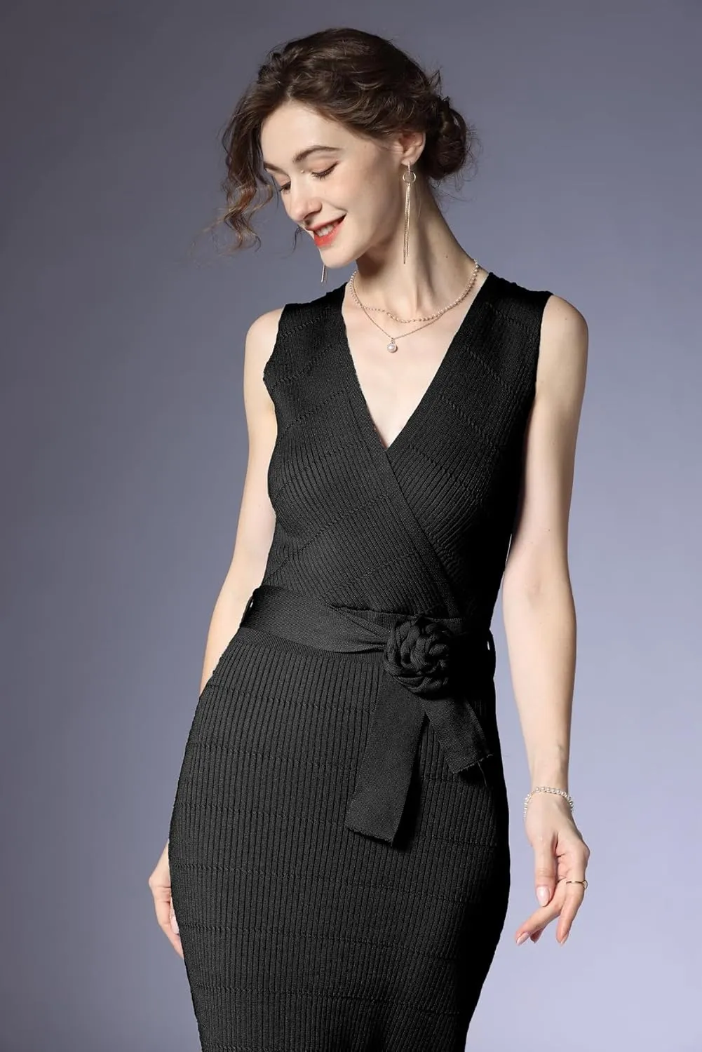 V Neck Sleeveless Midi Sweater Dress Bottom Knitted Bodycon Dress Chic Ribbed Knit Wrap Dress