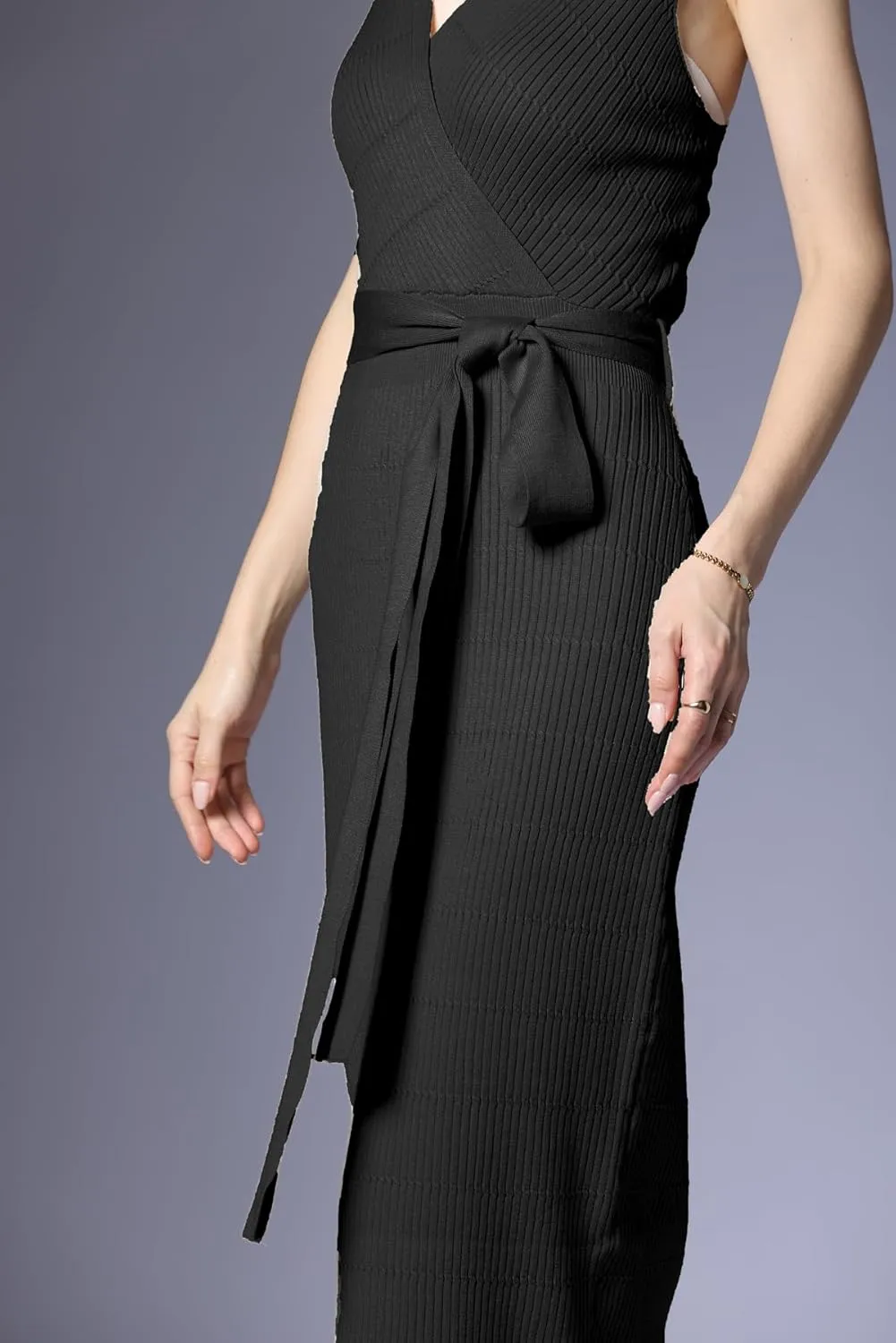 V Neck Sleeveless Midi Sweater Dress Bottom Knitted Bodycon Dress Chic Ribbed Knit Wrap Dress