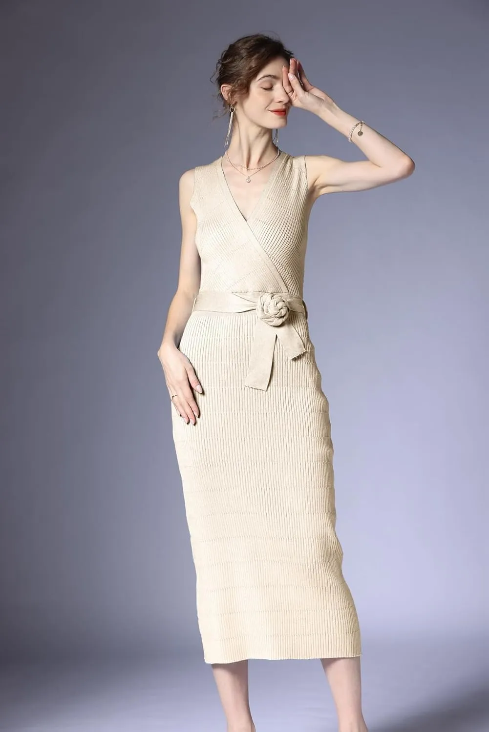 V Neck Sleeveless Midi Sweater Dress Bottom Knitted Bodycon Dress Chic Ribbed Knit Wrap Dress