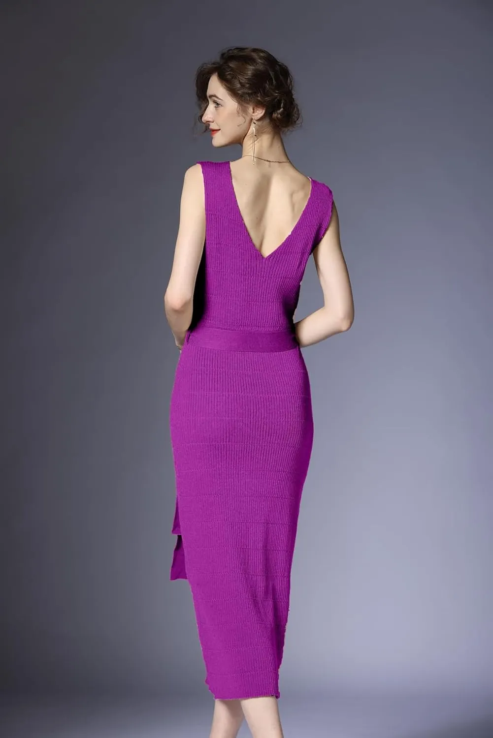 V Neck Sleeveless Midi Sweater Dress Bottom Knitted Bodycon Dress Chic Ribbed Knit Wrap Dress