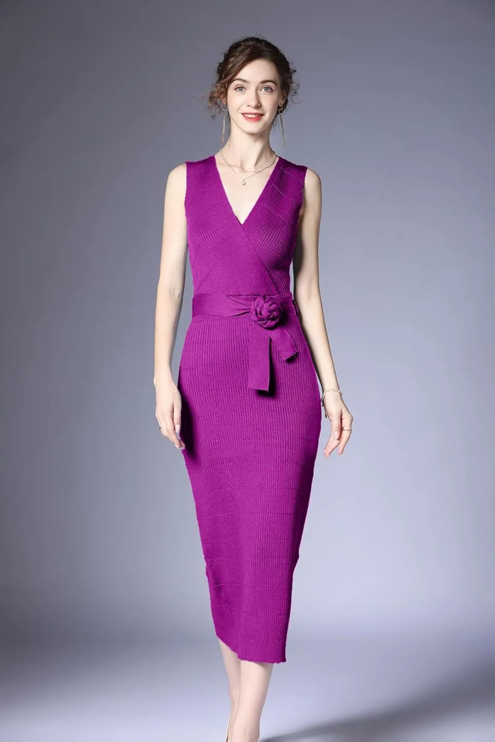 V Neck Sleeveless Midi Sweater Dress Bottom Knitted Bodycon Dress Chic Ribbed Knit Wrap Dress