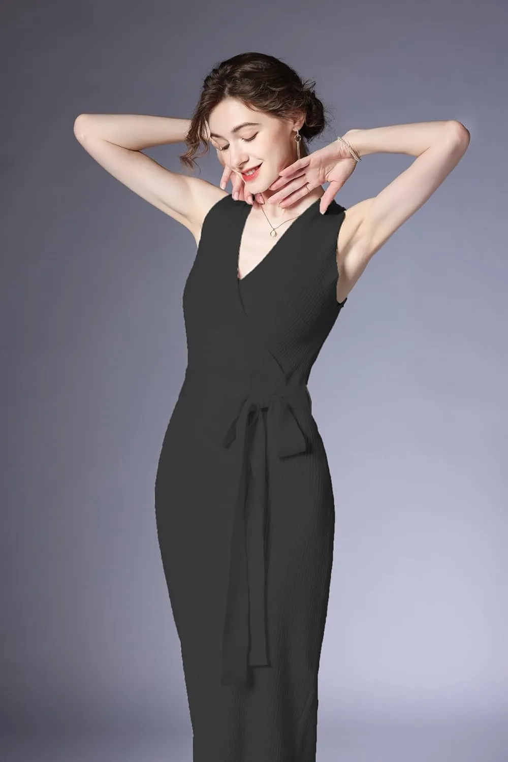 V Neck Sleeveless Midi Sweater Dress Bottom Knitted Bodycon Dress Chic Ribbed Knit Wrap Dress