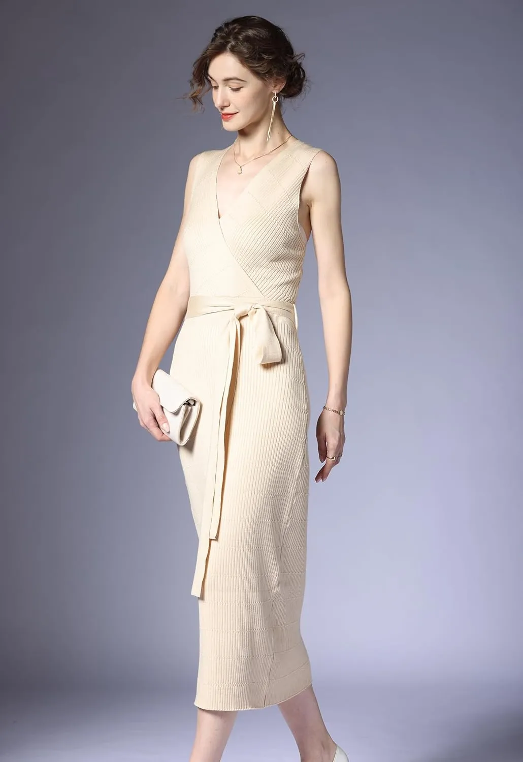 V Neck Sleeveless Midi Sweater Dress Bottom Knitted Bodycon Dress Chic Ribbed Knit Wrap Dress