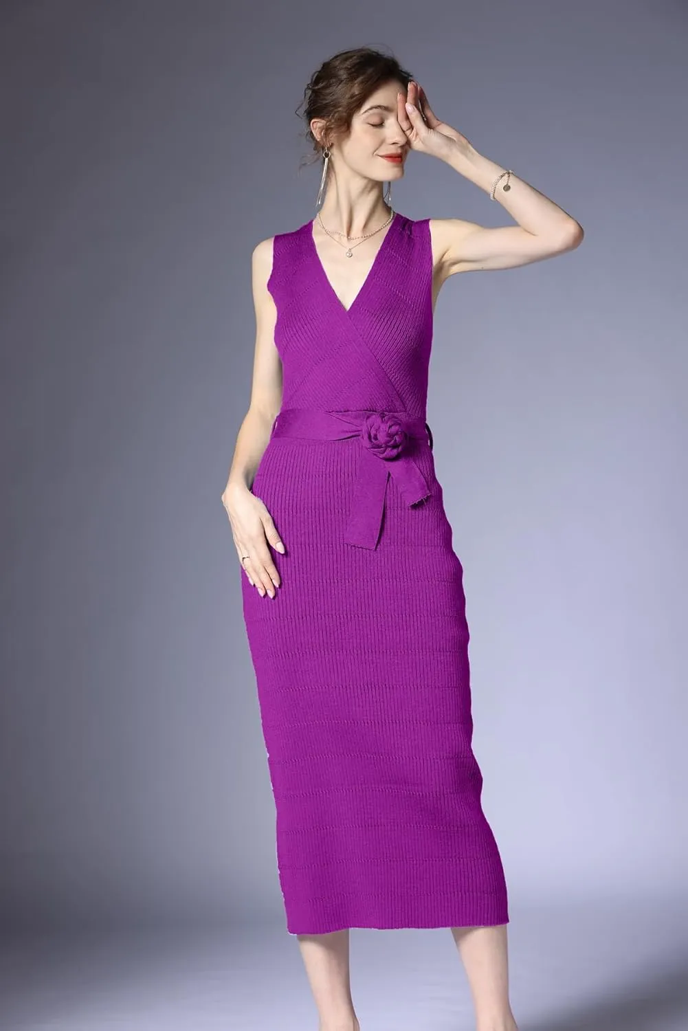 V Neck Sleeveless Midi Sweater Dress Bottom Knitted Bodycon Dress Chic Ribbed Knit Wrap Dress