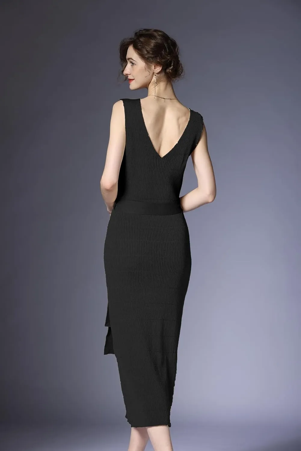 V Neck Sleeveless Midi Sweater Dress Bottom Knitted Bodycon Dress Chic Ribbed Knit Wrap Dress