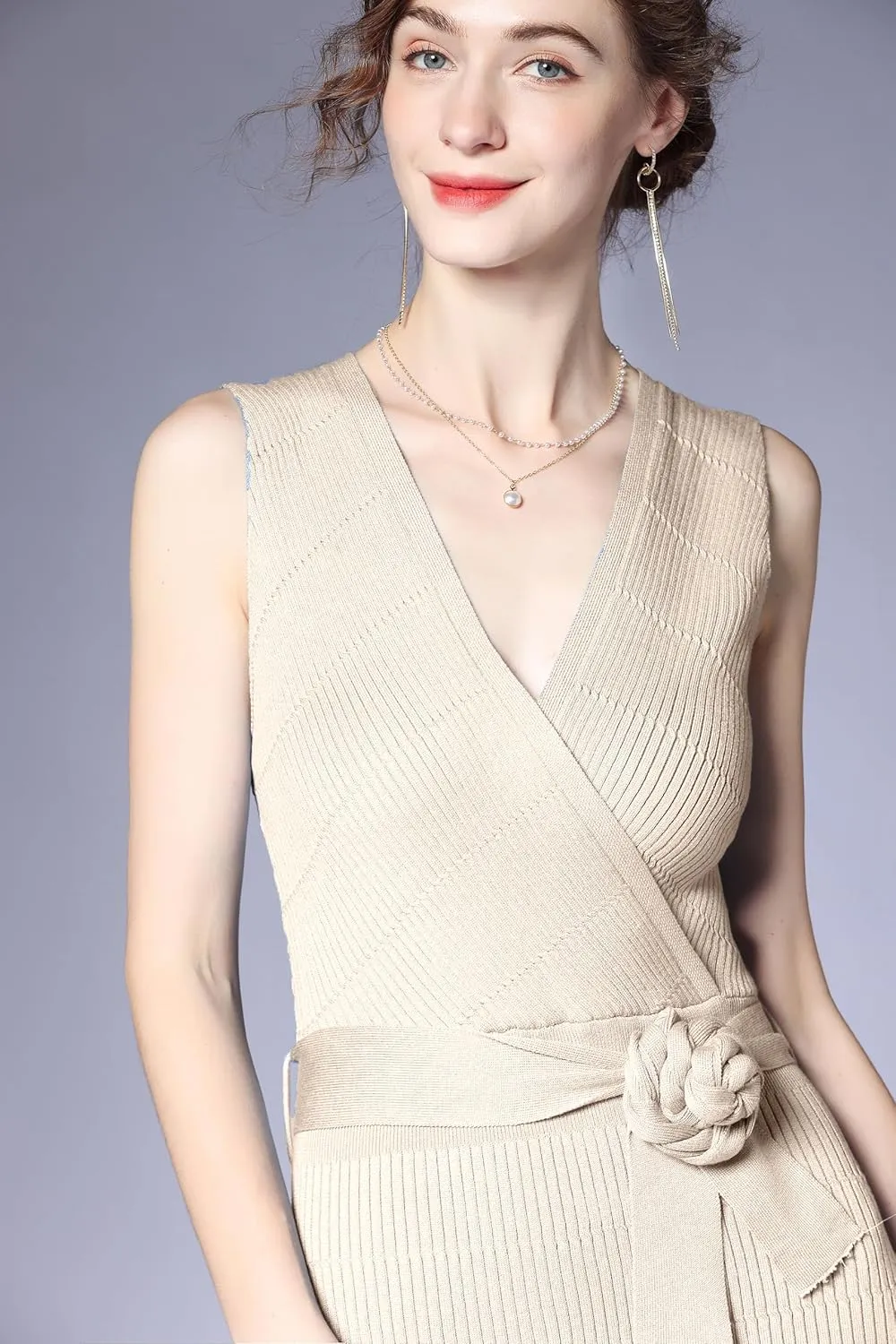 V Neck Sleeveless Midi Sweater Dress Bottom Knitted Bodycon Dress Chic Ribbed Knit Wrap Dress