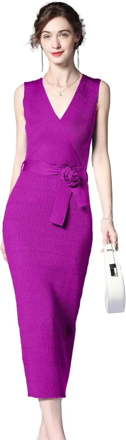 V Neck Sleeveless Midi Sweater Dress Bottom Knitted Bodycon Dress Chic Ribbed Knit Wrap Dress