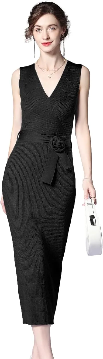 V Neck Sleeveless Midi Sweater Dress Bottom Knitted Bodycon Dress Chic Ribbed Knit Wrap Dress