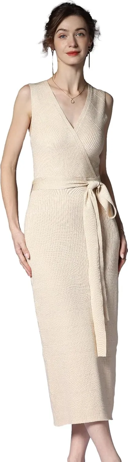 V Neck Sleeveless Midi Sweater Dress Bottom Knitted Bodycon Dress Chic Ribbed Knit Wrap Dress