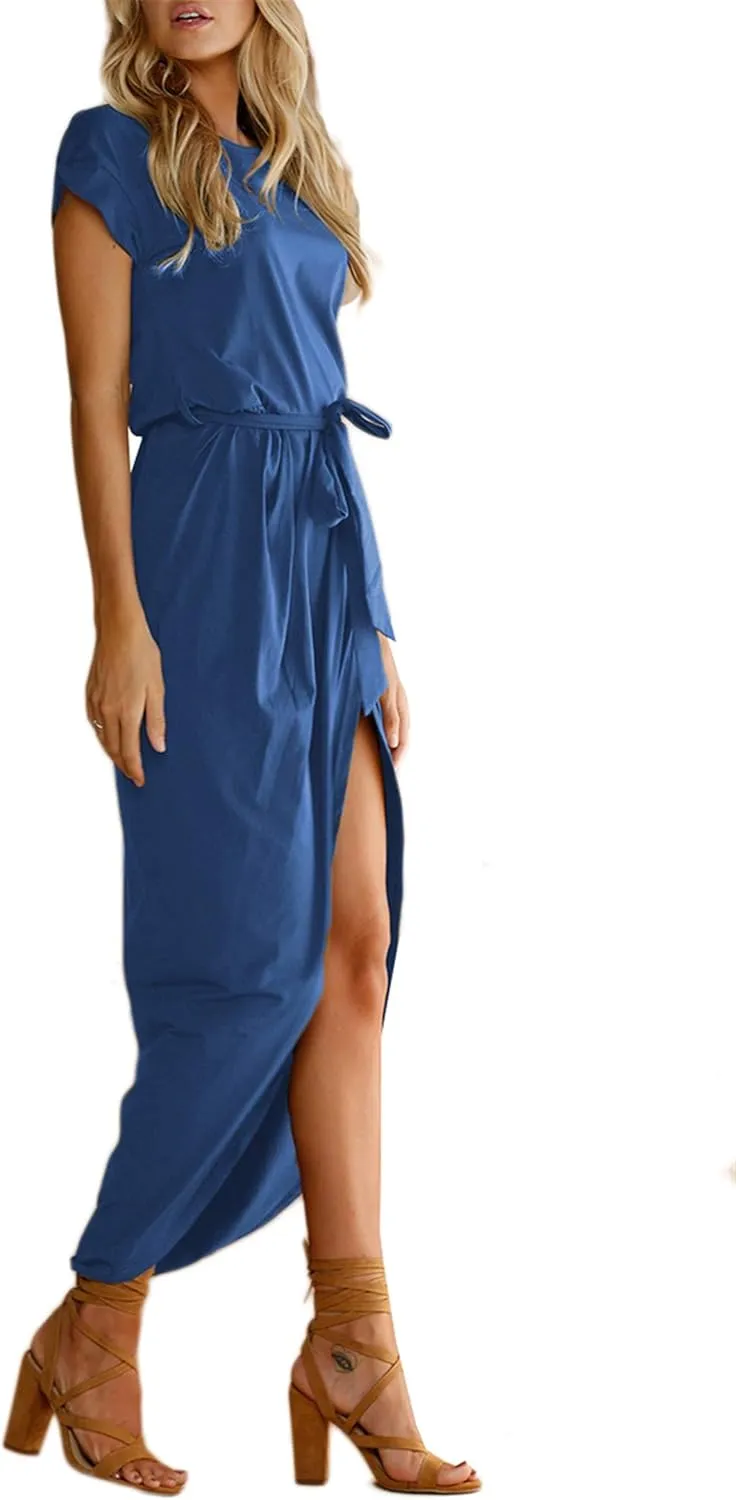 WIWIQS Women's Casual Short Sleeve Slit Dress Summer Solid Party Long Maxi Dress Knee Length Dress