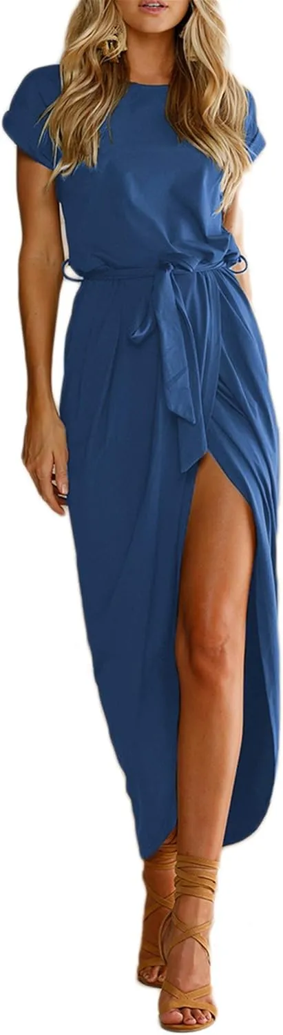 WIWIQS Women's Casual Short Sleeve Slit Dress Summer Solid Party Long Maxi Dress Knee Length Dress