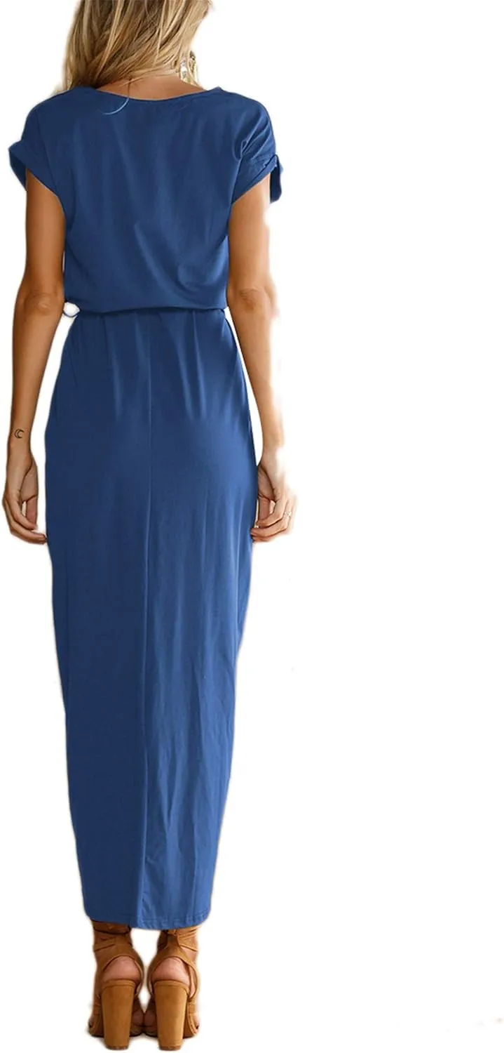 WIWIQS Women's Casual Short Sleeve Slit Dress Summer Solid Party Long Maxi Dress Knee Length Dress