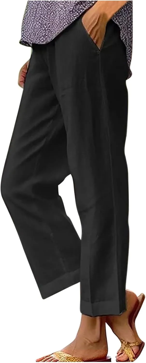 Women Cotton Linen Lounge Pants Comfy Elastic Waist Summer Beach Vacation Slacks 2025 Stylish Casual Trousers