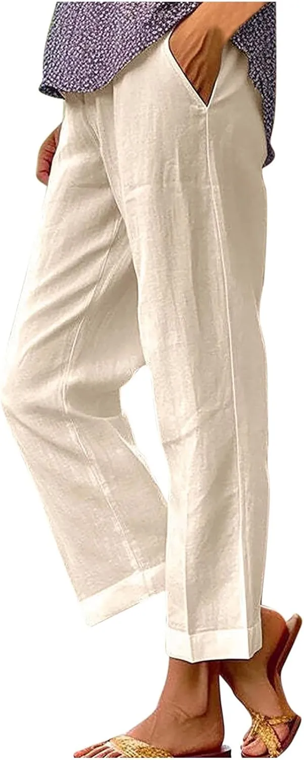 Women Cotton Linen Lounge Pants Comfy Elastic Waist Summer Beach Vacation Slacks 2025 Stylish Casual Trousers