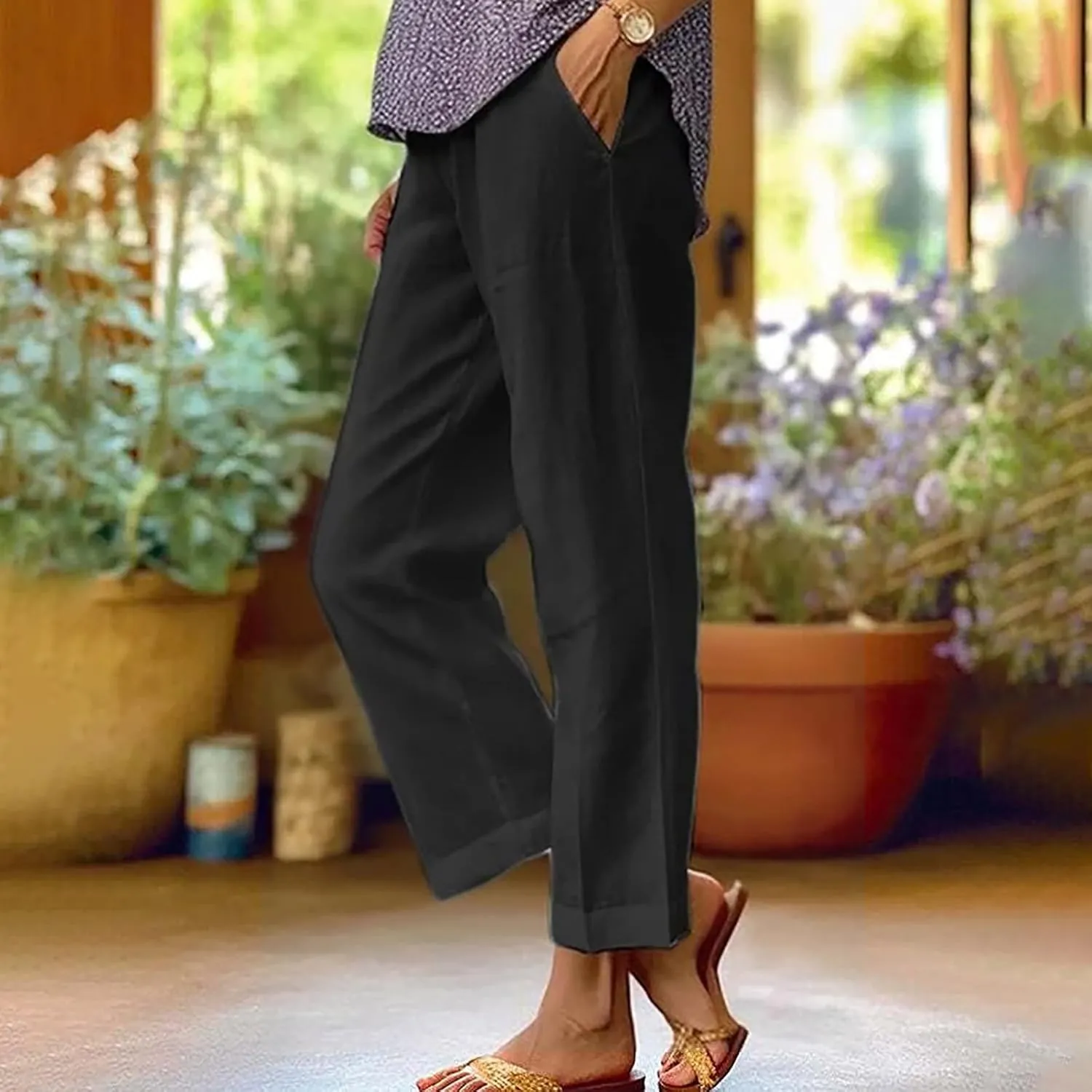Women Cotton Linen Lounge Pants Comfy Elastic Waist Summer Beach Vacation Slacks 2025 Stylish Casual Trousers