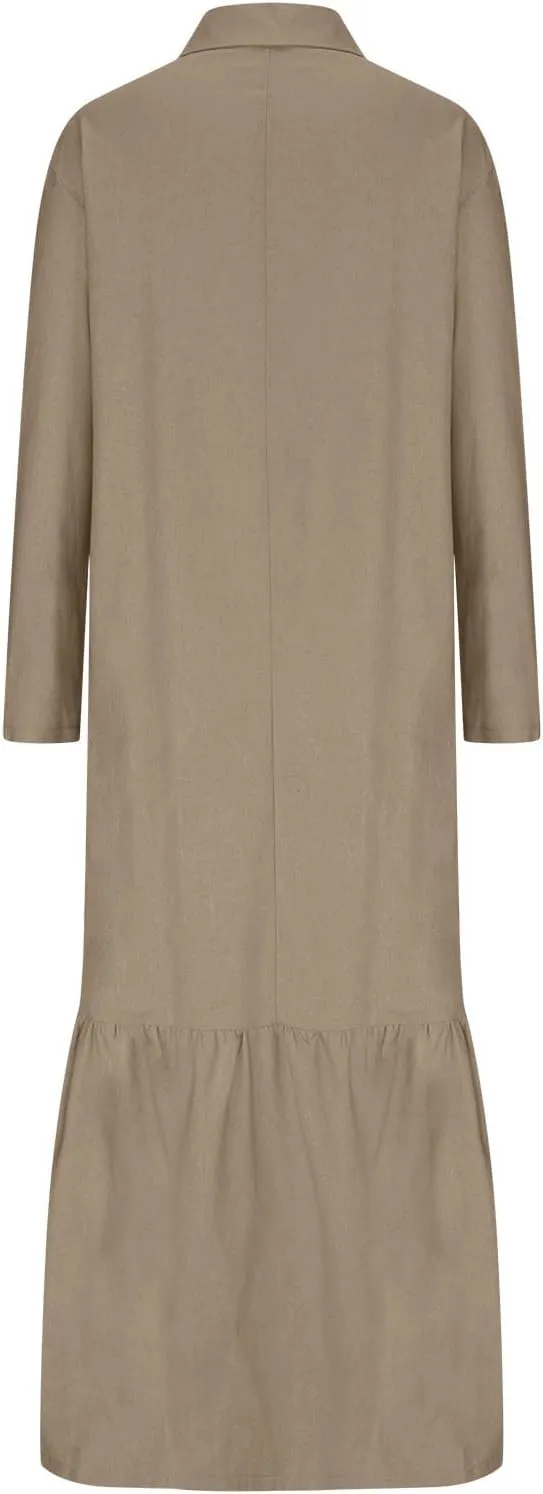 Women Long Sleeve Button Down Dress Summer Casual Cotton Linen Maxi Shirt Dress Loose Flowy Ruffle Beach Dress