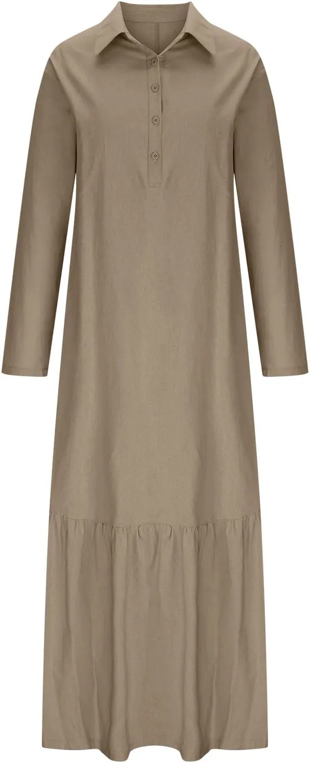 Women Long Sleeve Button Down Dress Summer Casual Cotton Linen Maxi Shirt Dress Loose Flowy Ruffle Beach Dress