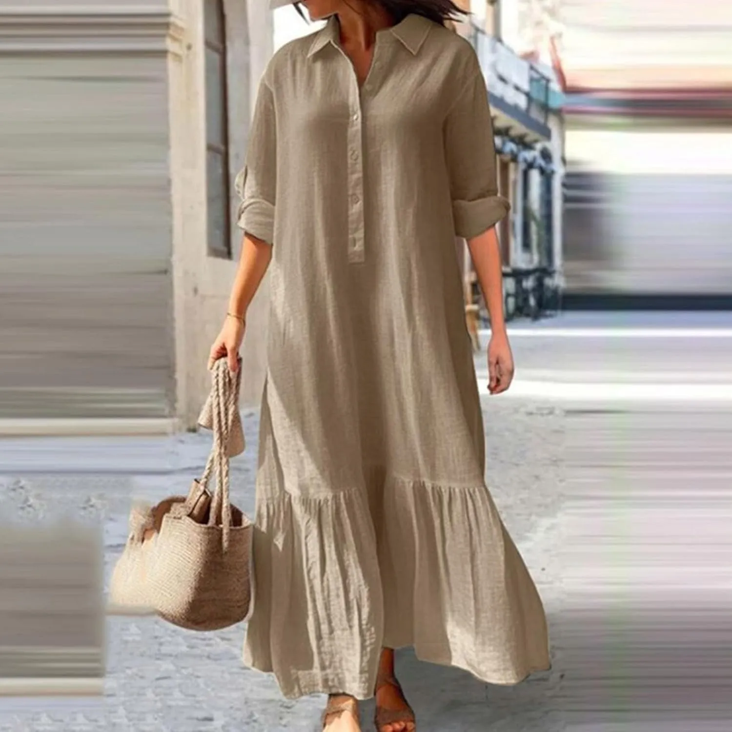 Women Long Sleeve Button Down Dress Summer Casual Cotton Linen Maxi Shirt Dress Loose Flowy Ruffle Beach Dress