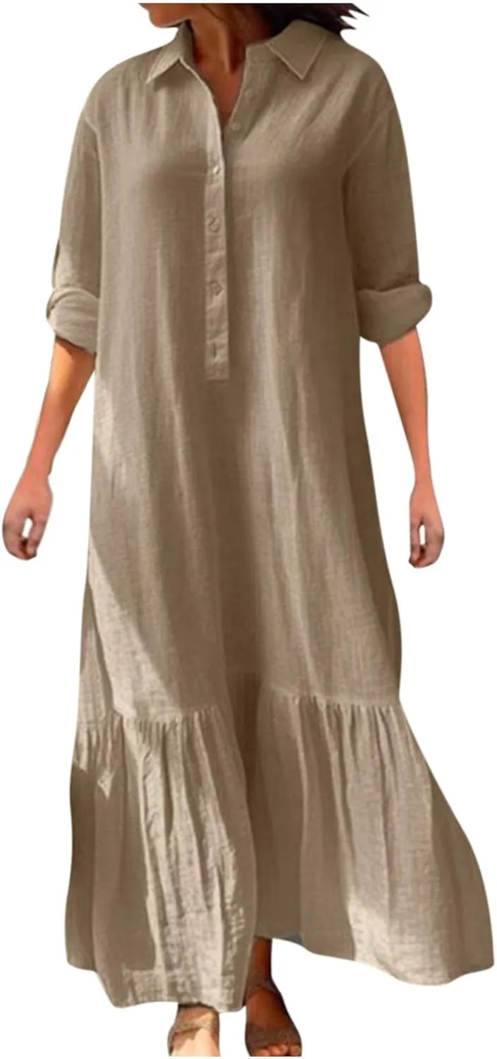 Women Long Sleeve Button Down Dress Summer Casual Cotton Linen Maxi Shirt Dress Loose Flowy Ruffle Beach Dress
